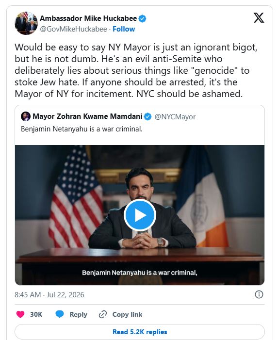 Huckabee comments on Mamdani on X