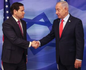 U.S. Secretary of State Marco Rubio shaking hands with Prime Minister Benjamin Netanyahu in Jerusalem.