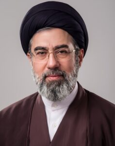 Mojtaba Khamenei wearing a black turban and glasses in a portrait