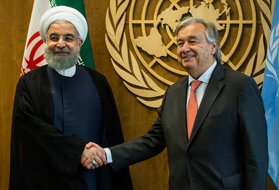 Iranian President Hassan Rouhani shakes hands with UN Secretary General Antonio Guterres at United Nations headquarters.