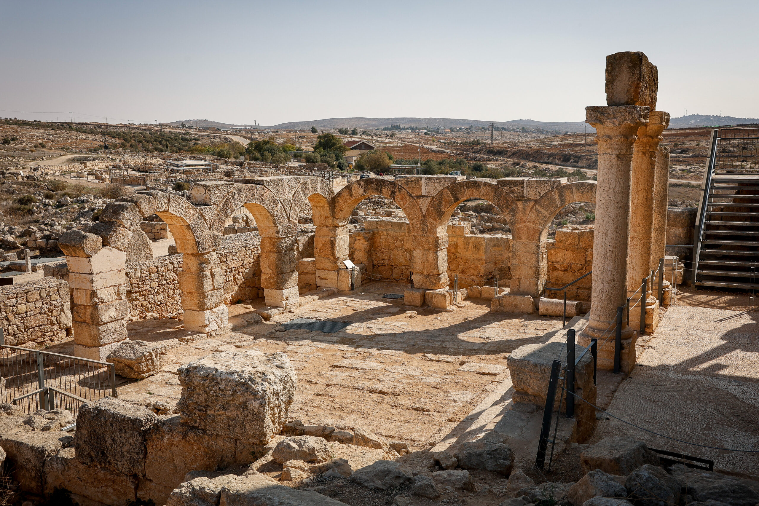 Stone arches and columns at the ancient Jewish village of Susiya in the southern Judean Mountains.