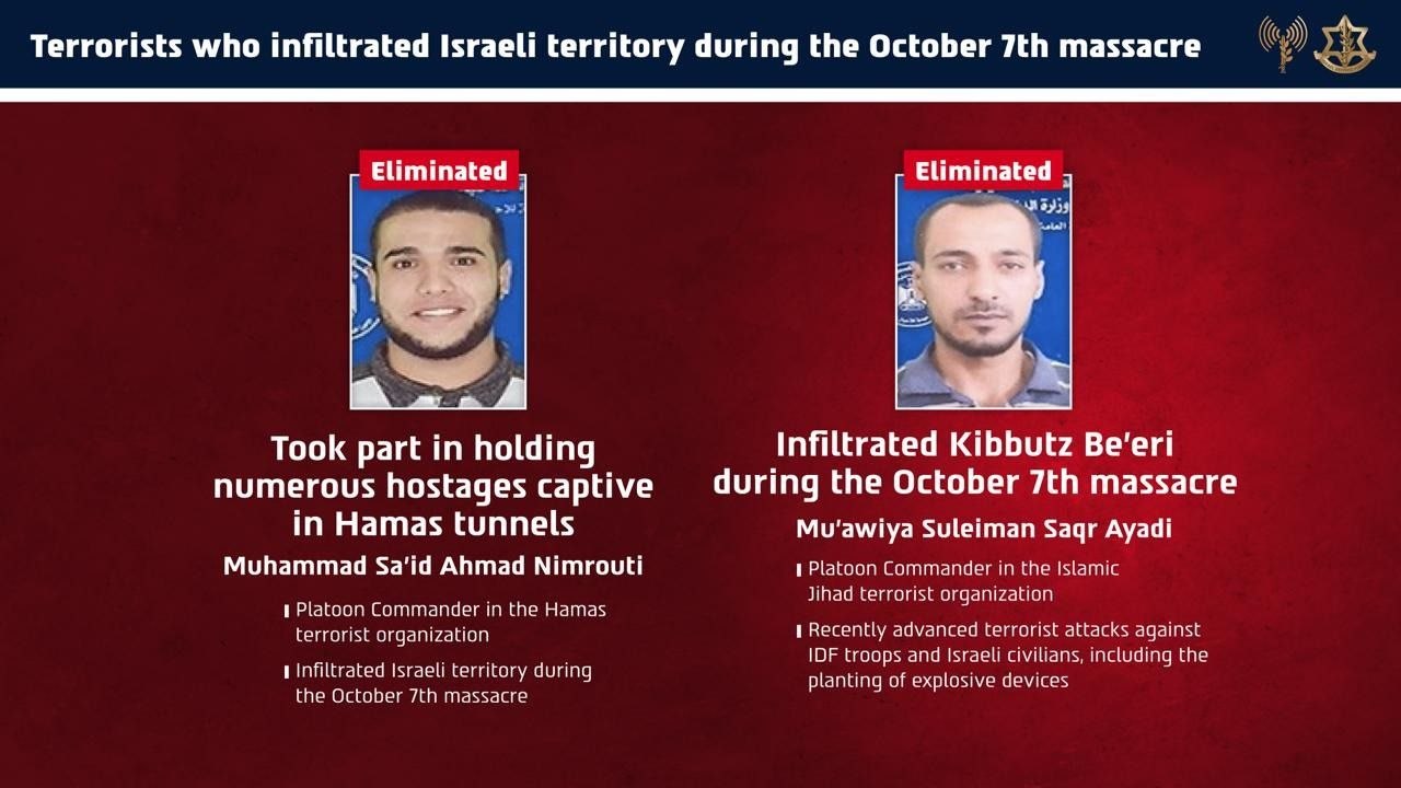 IDF graphic identifying two eliminated terrorists who infiltrated Israel during the October 7 massacre.