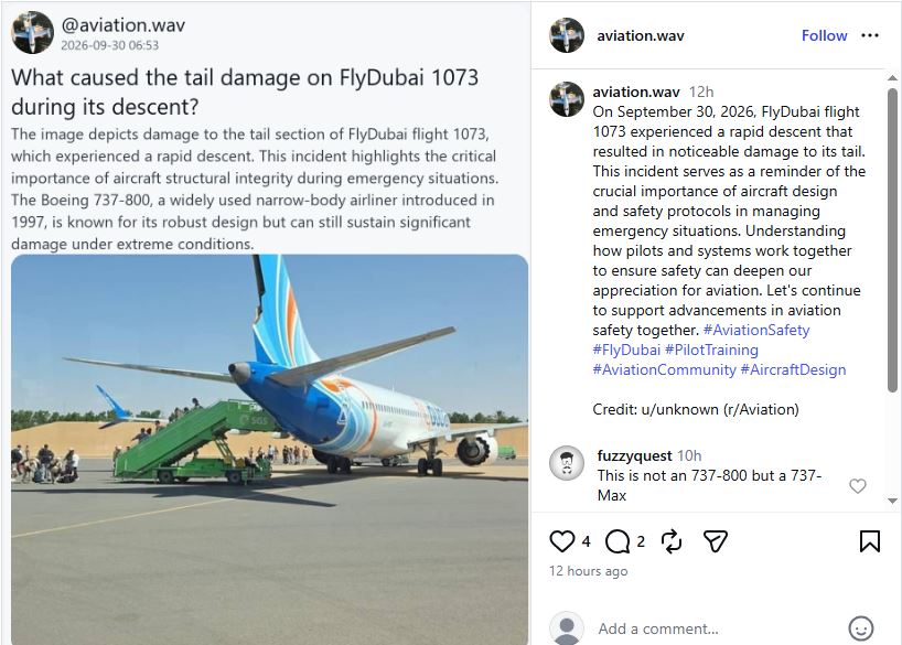 damage to the rutter of plane from flight 1073 airdubai