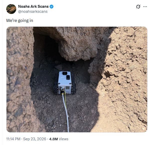 screenshot of post of gopher robot going into archaeological site of noah's ark