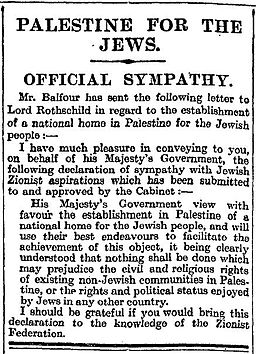 Balfour Declaration in the Times of London, 9 November 1917, via Wikimedia Commons