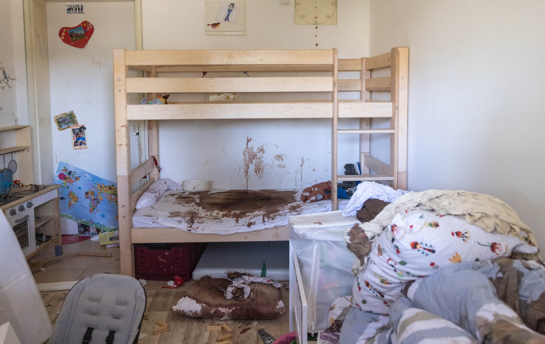 A destroyed child’s bedroom in Kibbutz Nir Oz after the Hamas attack on October 7.