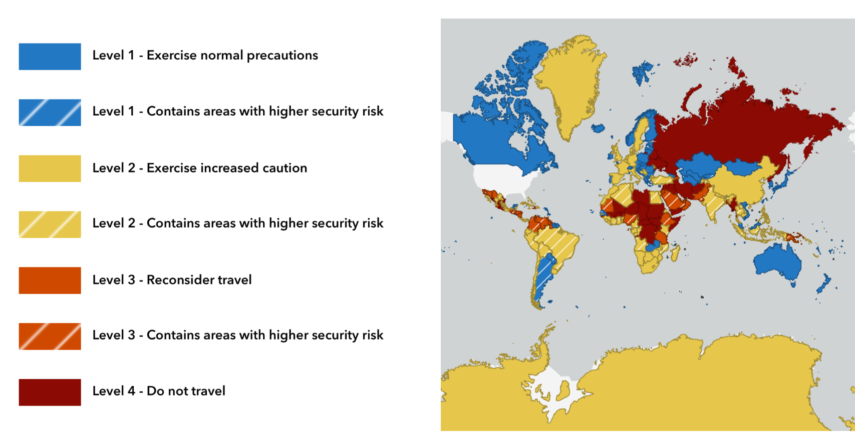 U.S. State Department world map showing travel advisory levels by country.